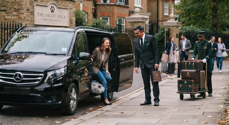 Driver greeting a hotel guest while a porter brings vintage luggage to the car