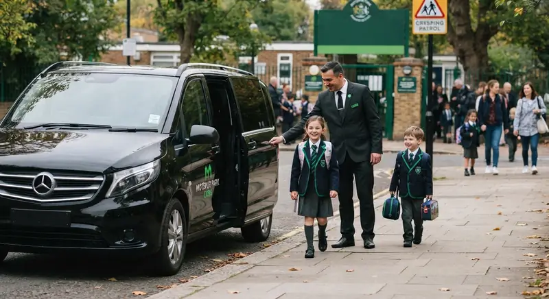 Driver walking two school children to a black people carrier outside a primary school